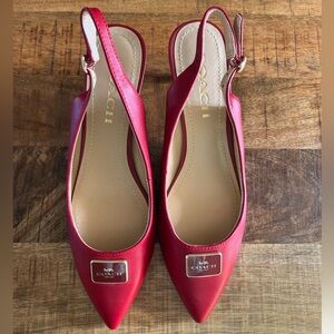 Coach Red Pointed-Toe Slingback Flats with Logo Plaque